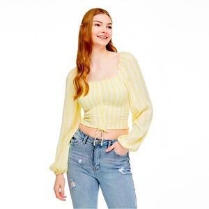 #31 NWT No Boundaries butter yellow and white long sleeve smocked blouse